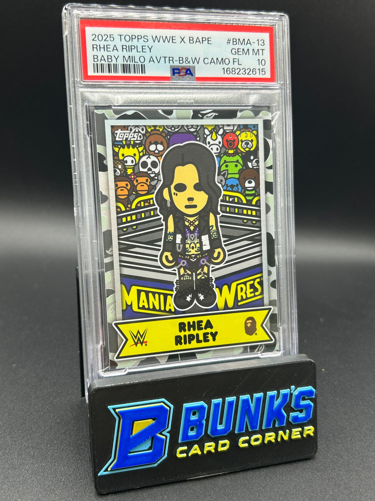 2025 Rhea Ripley Topps WWE X BAPE Baby Milo Avtr-B&W Camo FL 17/50 PSA 10