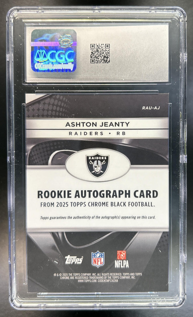 Ashton Jeanty 2025 Topps Chrome Black #RAU-AJ Rookie Auto White Refractor 10/10 Book-EndRC Raiders CGC