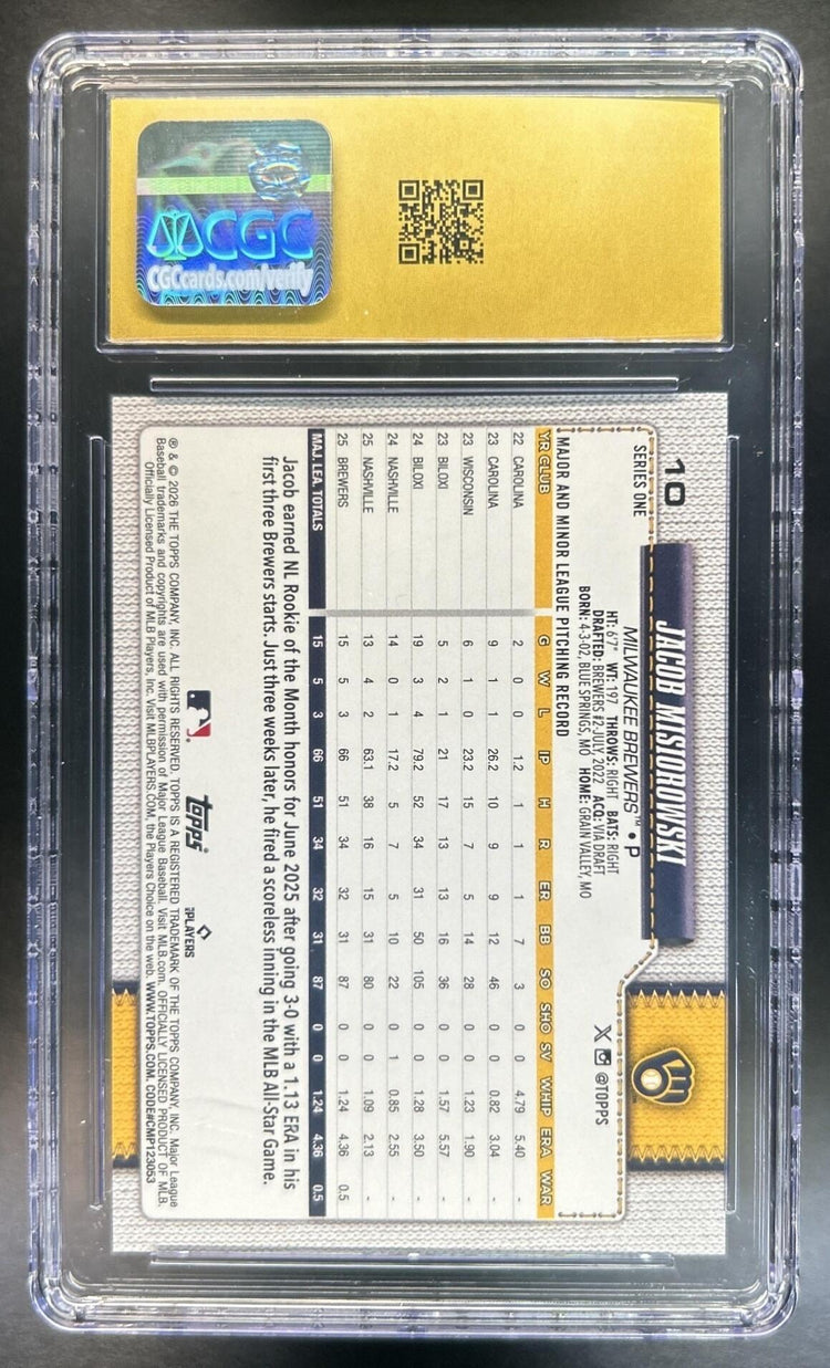 Jacob Misiorowski 2026 Topps Series 1 #10 RC Brewers CGC Pristine 10