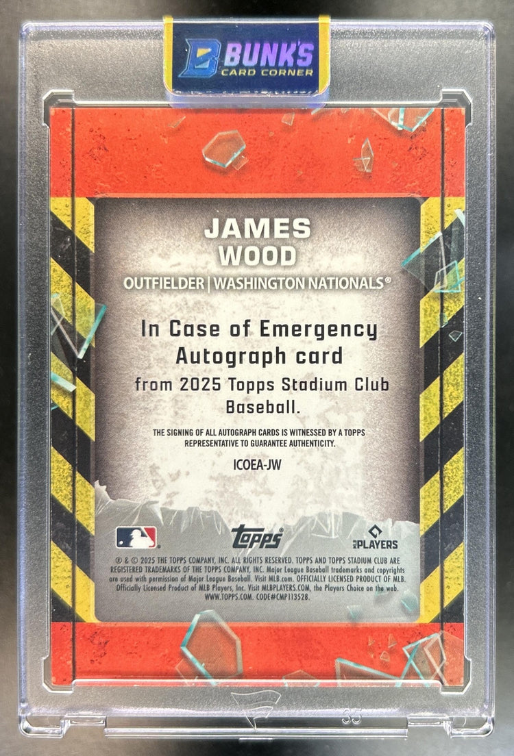 James Wood 2025 Topps Stadium Club #ICOEA-JW In Case Of Emergency Auto Purple Foil 13/25 RC Nationals