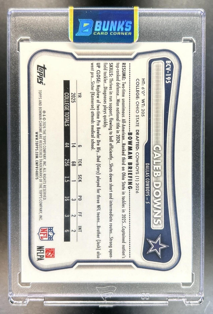 Caleb Downs 2026 Bowman #BCV-195 Chrome NFL Yellow Mojo Refractor 135/275 RC Cowboys