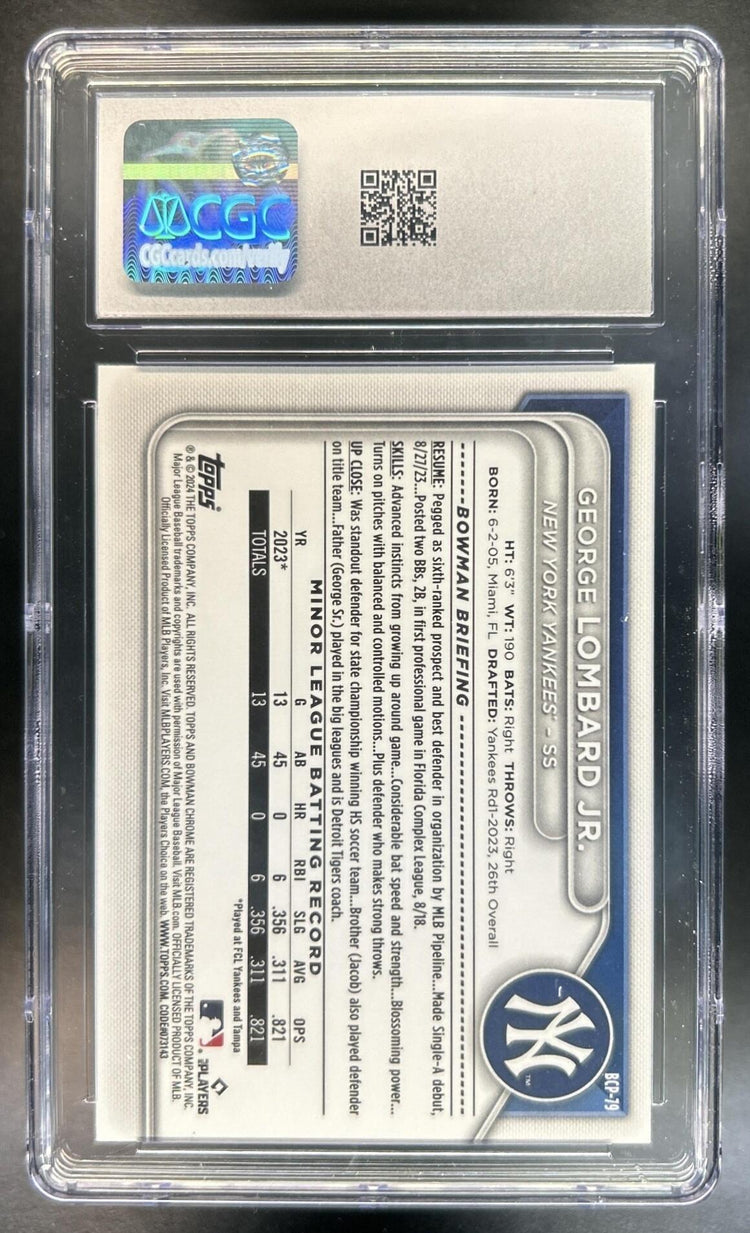 George Lombard Jr. 2024 Bowman #BCP-79 Chrome Lunar Glow Refractor 1st Prospect Yankees CGC 9.5