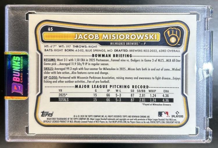Jacob Misiorowski 2026 Bowman Chrome #65 Red RC Variation Brewers