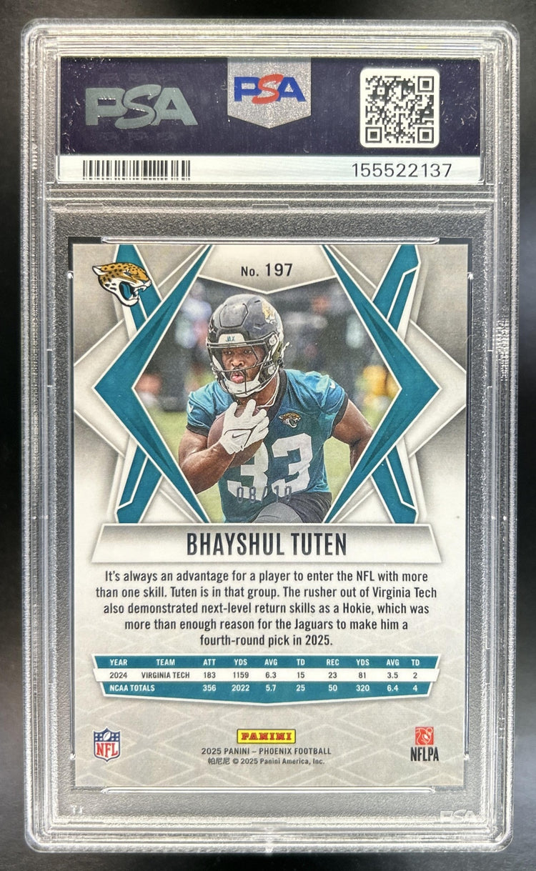 Bhayshul Tuten 2025 Panini Phoenix #197 Silver Lava Prizm RC Jaguars 8/10 PSA 10 *Population 1*
