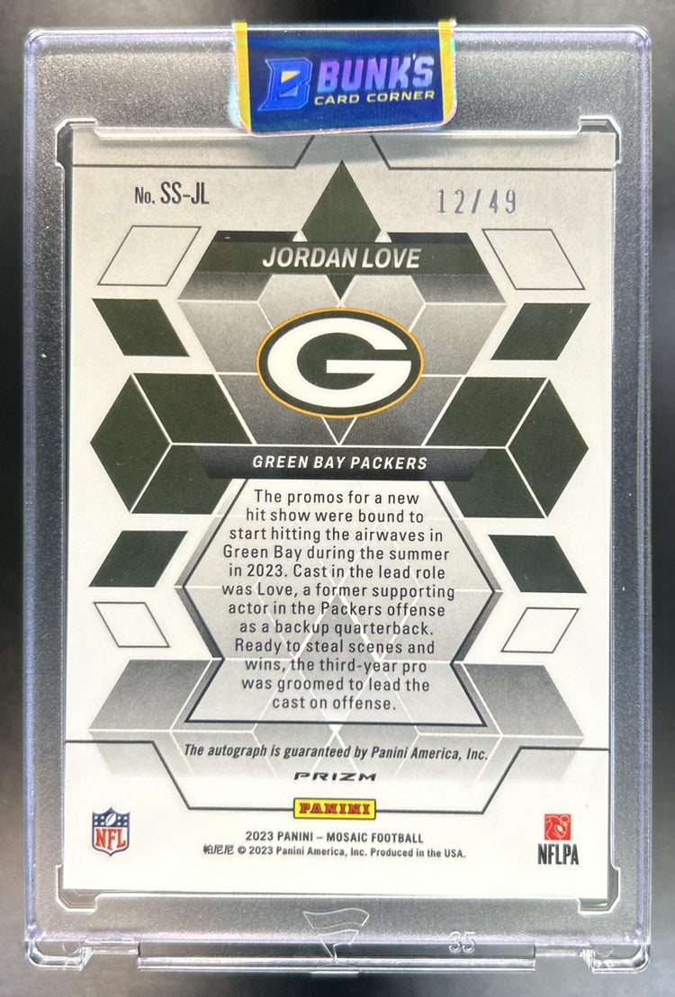 Jordan Love 2023 Panini Mosaic #SS-JL Showtime Signatures Purple 12/49 Auto Packers
