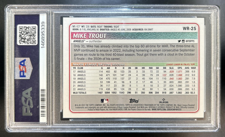 Mike Trout 2023 Topps Big League Wrapper Redemption #WR-25 Orange Foil 17 Angels PSA 9