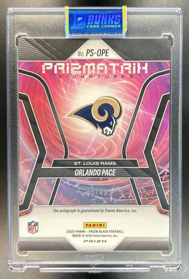 Orlando Pace 2025 Panini Prizm Black #PS-OPE Prizmatrix Signatures Blue 23/49 Auto Rams