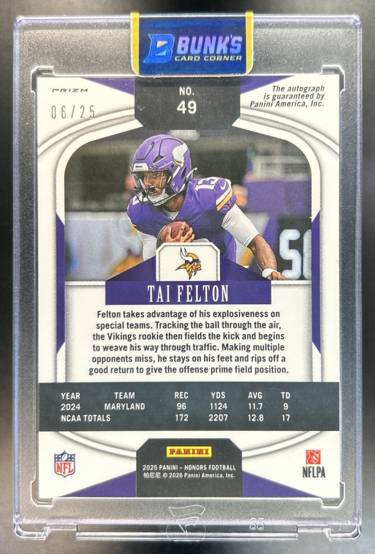 Tai Felton 2025 Panini Honors #49 Rookies Signatures Purple 6 RC Auto Vikings