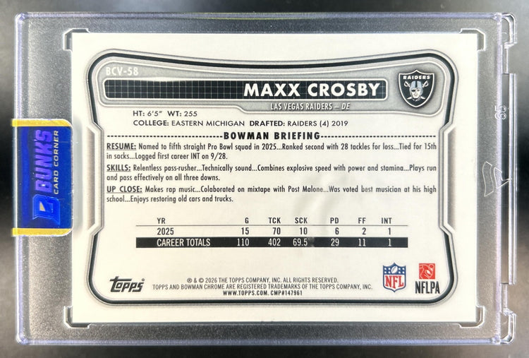 Maxx Crosby 2026 Bowman #BCV-58 Chrome NFL Orange Reptilian Refractor 25/25 Raiders