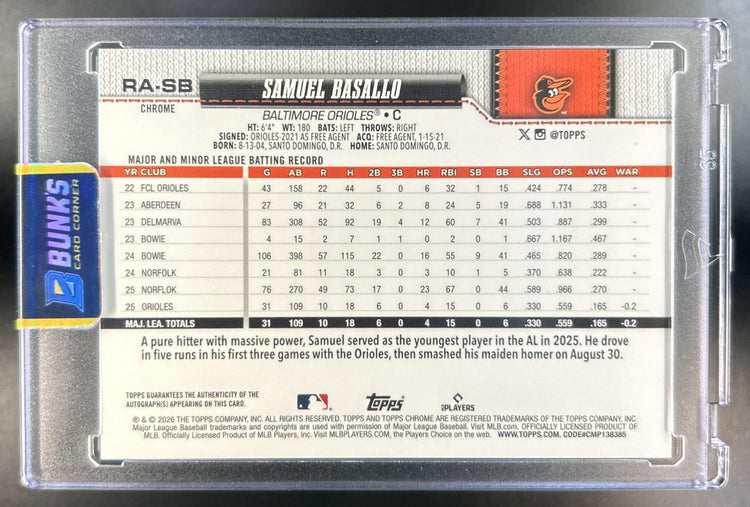 Samuel Basallo 2026 Topps Chrome #RA-SB Rookie Auto Pink Refractor 221/250 RC Orioles