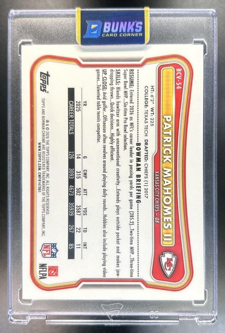 Patrick Mahomes II 2026 Bowman #BCV-54 Chrome NFL Purple Mojo Refractor 17/75 Chiefs