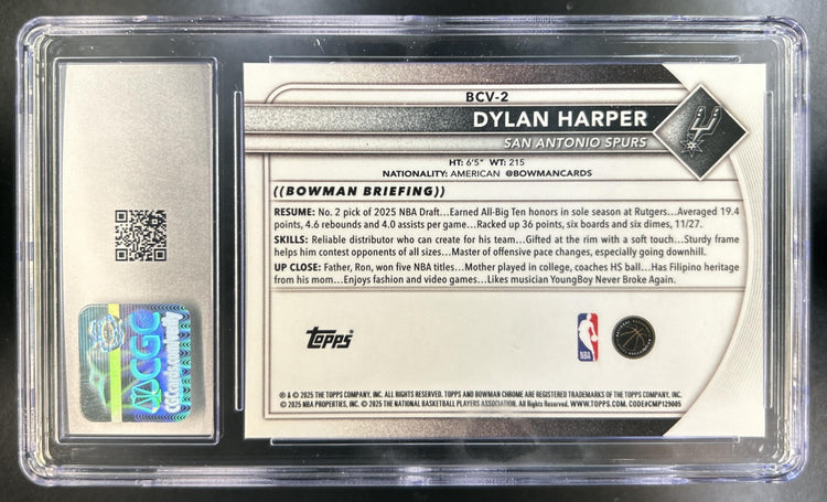 Dylan Harper 2025 Bowman Sapphire #BCV-2 Chrome RC Spurs CGC 9