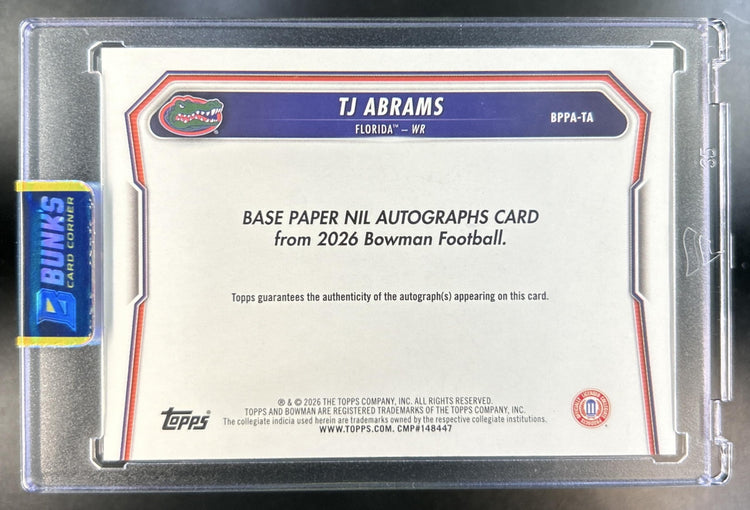 TJ Abrams 2026 Bowman #BPPA-TA Paper Auto Orange 10/25 1st Prospect Gators