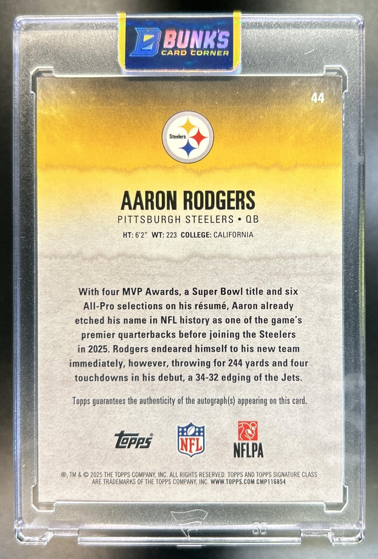 Aaron Rodgers 2025 Topps Signature Class #44 Veteran Auto Black Foil 9/10 Steelers