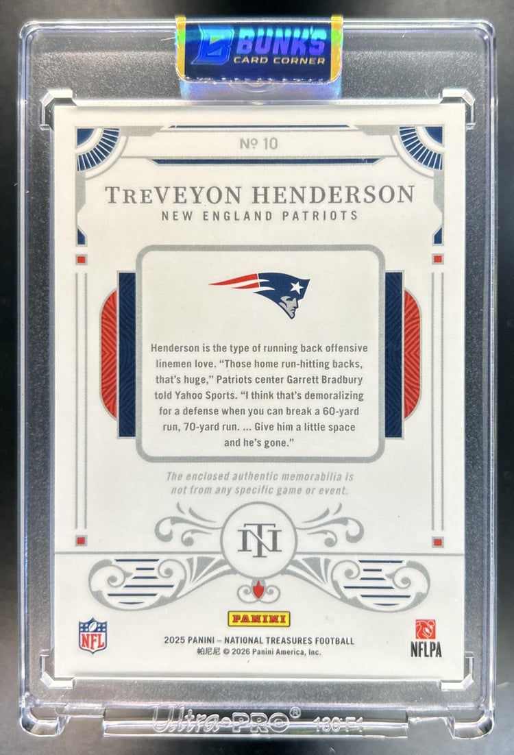 TreVeyon Henderson 2025 Panini National Treasures #10 Rookie Dual Materials 64/99 MEM RC Patriots