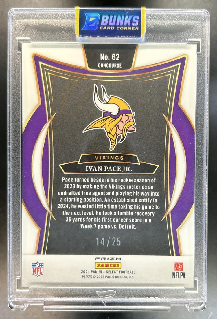Ivan Pace Jr. 2024 Panini Select #62 Concourse Tie-Dye Prizm Shock 14/25 Vikings
