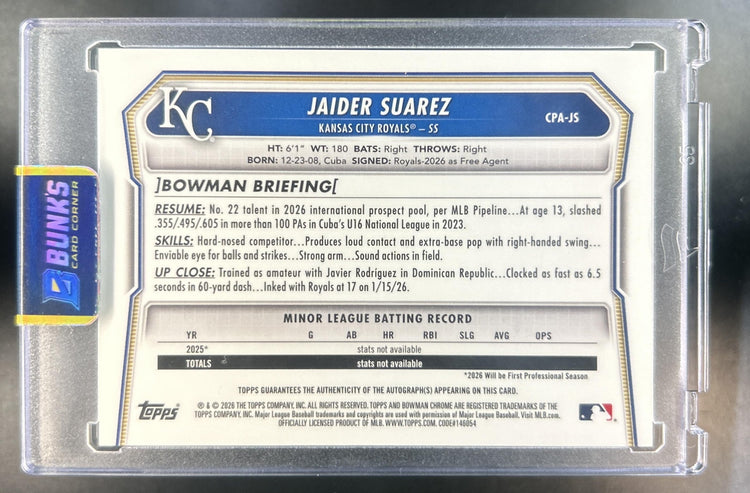 Jaider Suarez 2026 Bowman Chrome #CPA-JS Auto Speckle Refractor 262/299 1st Prospect Royals