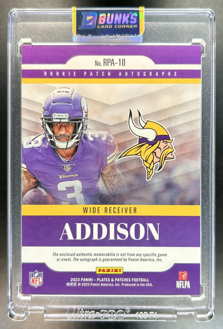 Jordan Addison 2023 Panini Plates & Patches #RPA-10 Rookie Patch Auto 61 RC Vikings