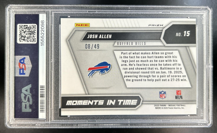 Josh Allen 2025 Panini Mosaic #15 Moments in Time Purple Prizm 8/49 Bills PSA 10