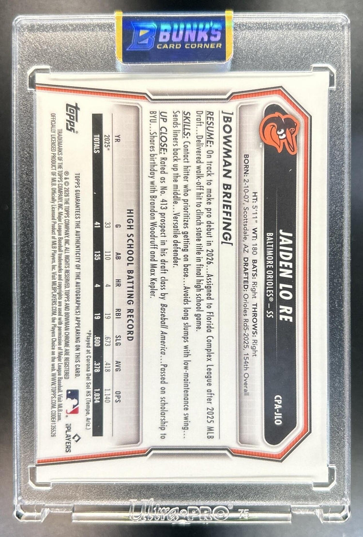 Jaiden Lo Re 2026 Bowman Chrome #CPA-JLO Auto Speckle Refractor 18/299 1st Prospect Orioles
