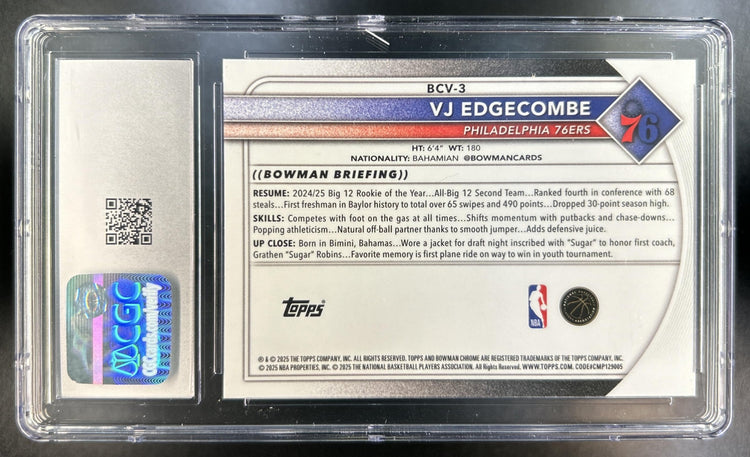 VJ Edgecombe 2025-26 Bowman #BCV-3 Chrome Mojo Refractor RC 76ers CGC 10