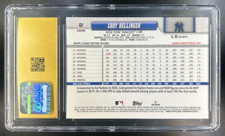 Cody Bellinger 2026 Topps Chrome #2 Image Variation Yankees CGC Pristine 10