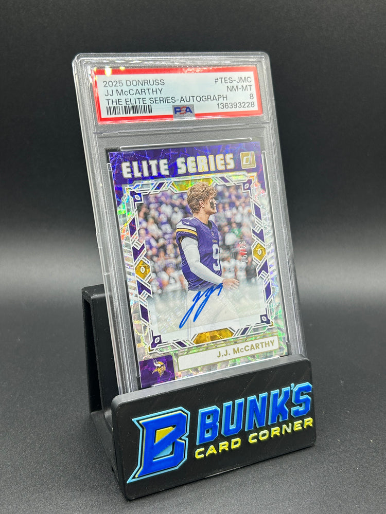 2025 JJ McCarthy Donruss The Elite Series Auto 58/99 PSA 8