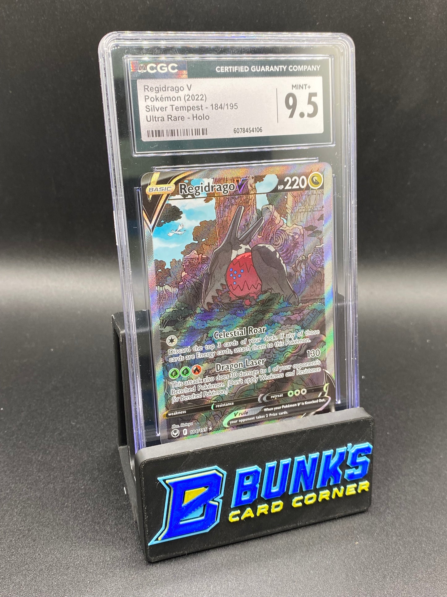 Trading card in protective packaging with a grading label on a black background