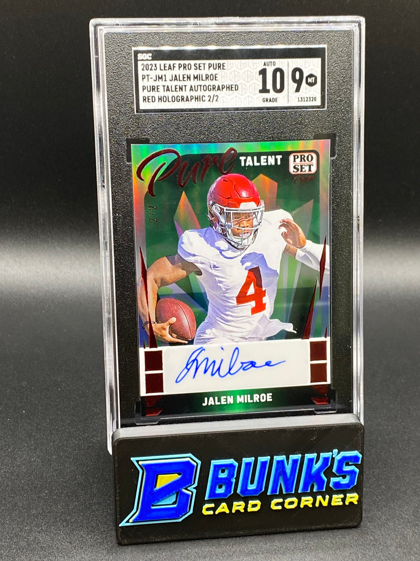 2023 Jalen Milroe Pure Talent Auto. Red Holographic RC SGC 10/9 (Box B49)