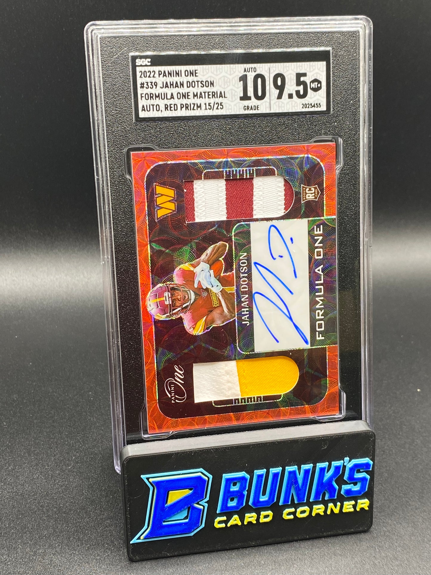 2022 Jahan Dotson Formula One Material Auto. Red Prizm RPA SGC 10/9.5 (Box B55)