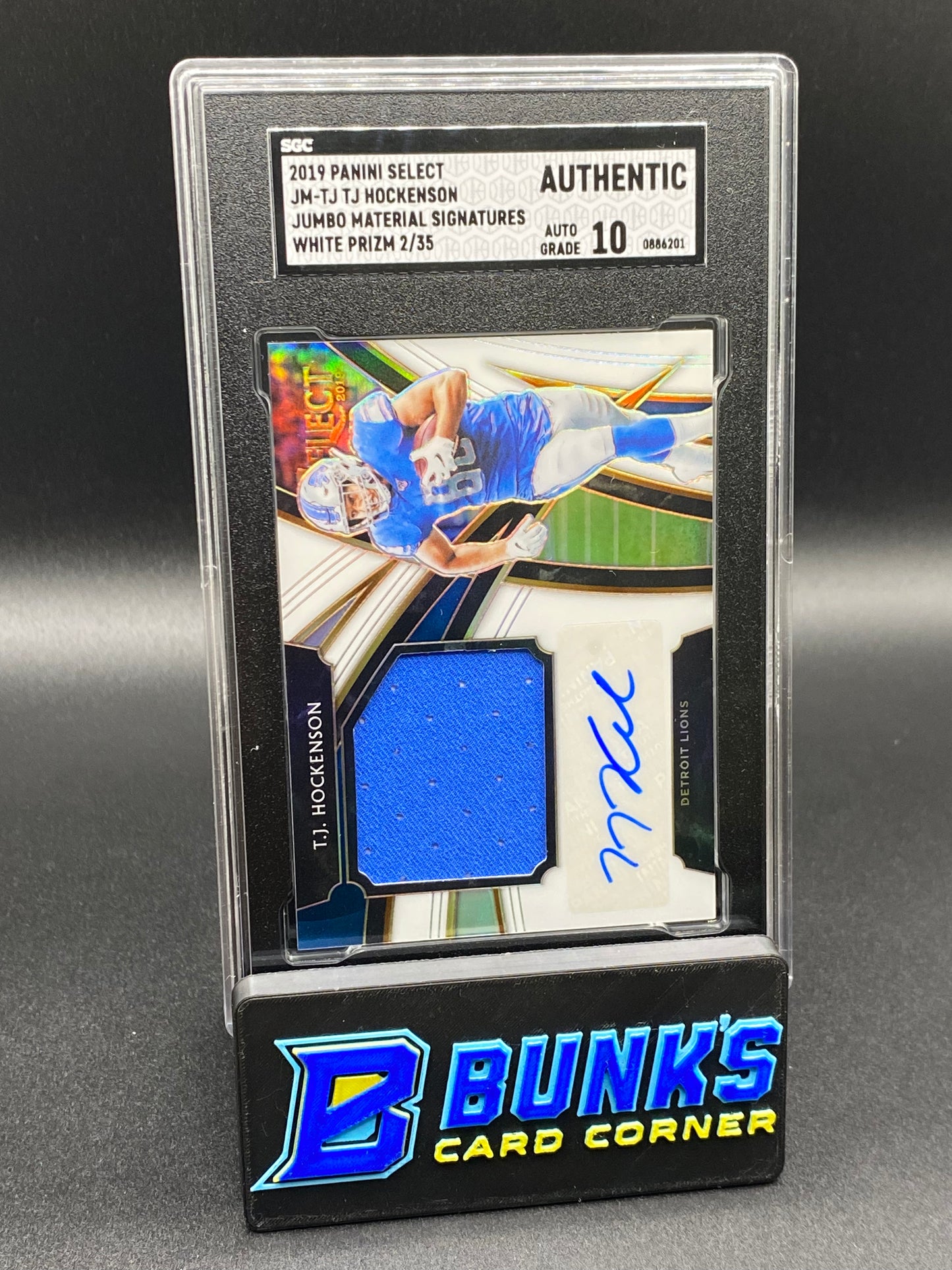 2019 TJ Hockenson Jumbo Material Sig. White Prizm SGC Auto. 10 (Box B63)