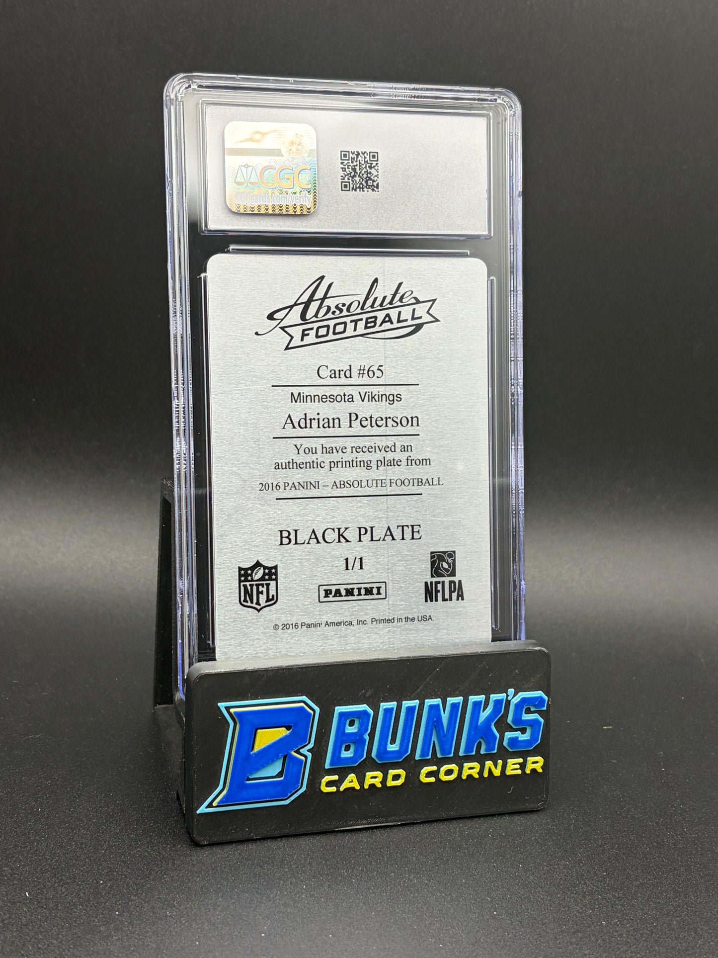 2016 Adrian Peterson Black Printing Plate CGC AU 1/1