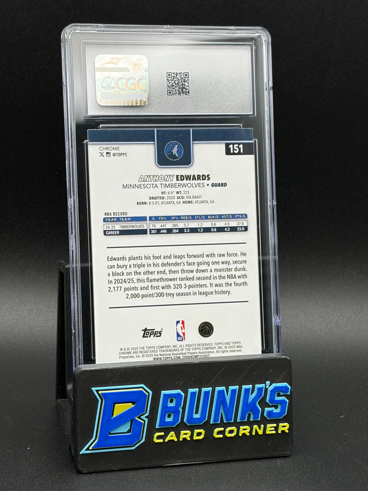 2025-26 Anthony Edwards Blue Basketball Refractor CGC 9 65/150