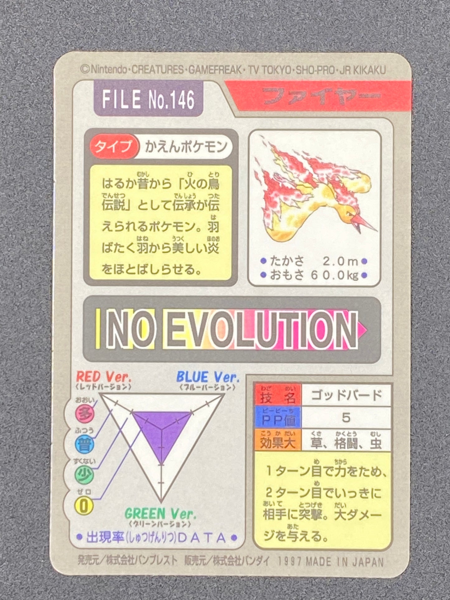 Moltres Carddass Prizm Holo Pocket Monster JAPANESE LP