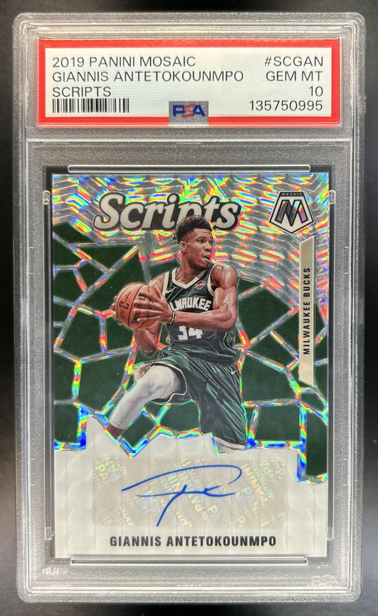 Giannis Antetokounmpo 2019-20 Panini Mosaic #AM-GAN Auto Mosaic Bucks PSA 10
