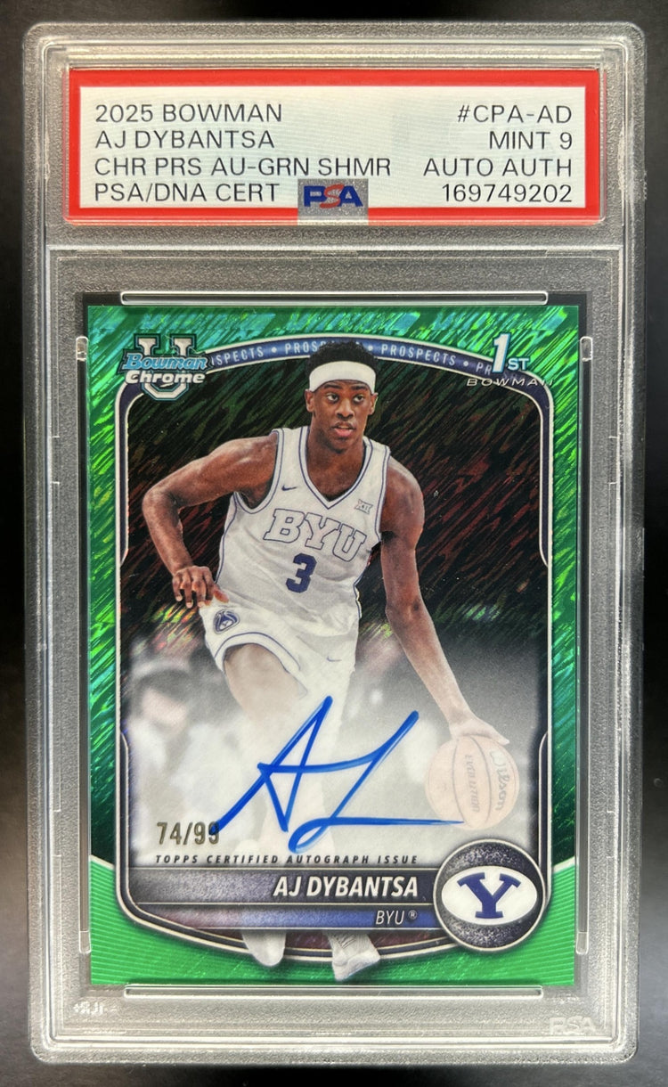 AJ Dybantsa 2025-26 Bowman #CPA-AD Chrome Auto Green Shimmer Refractor 74/99 1st Prospect Cougars PSA 9