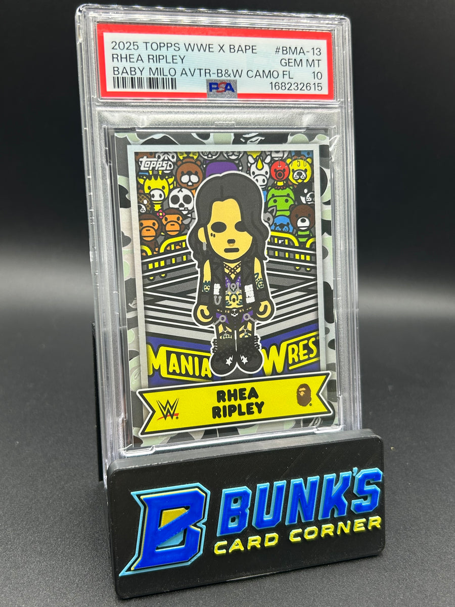 2025 Rhea Ripley Topps WWE X BAPE Baby Milo Avtr-B&W Camo FL 17/50 PSA 10