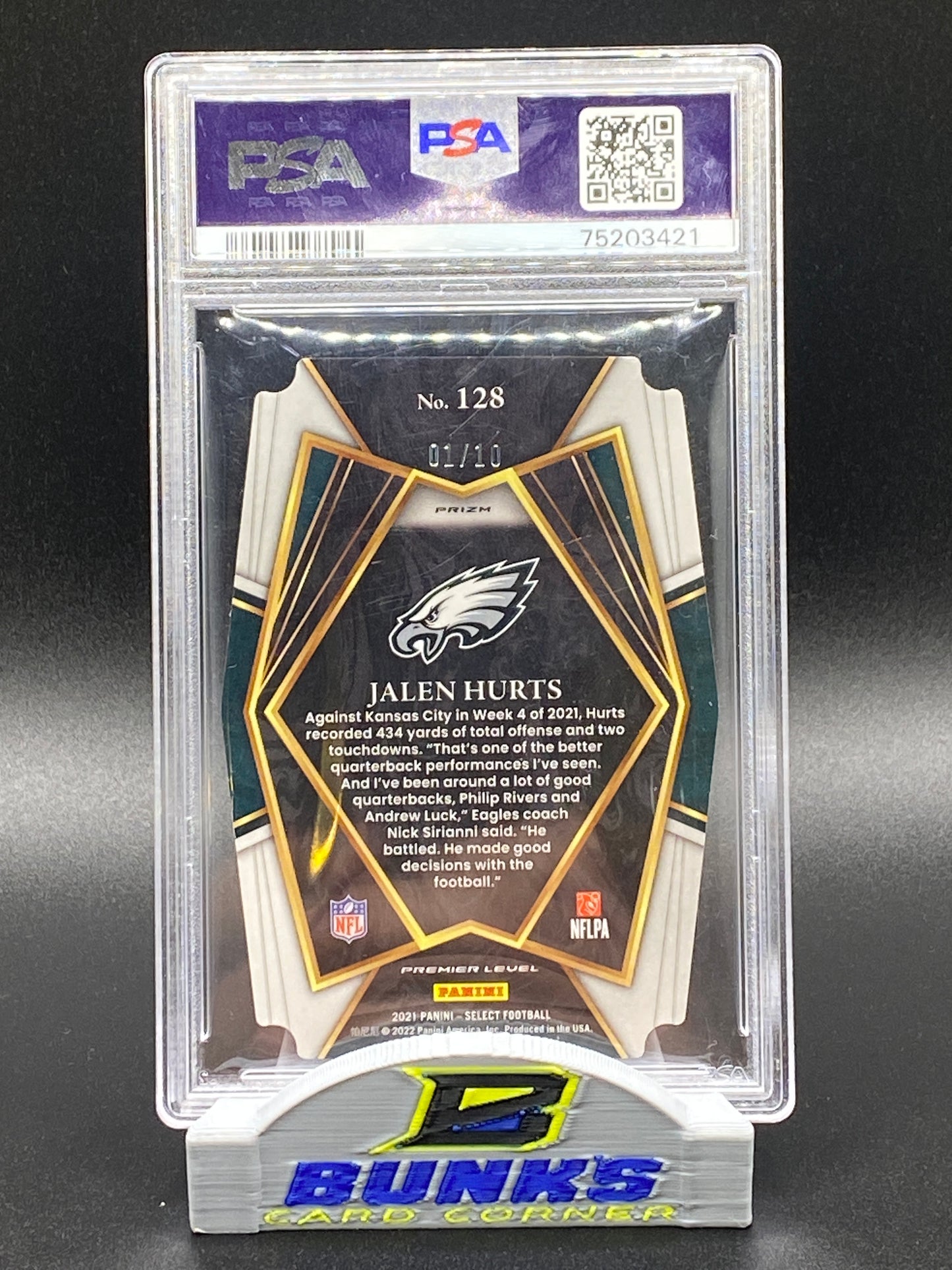 2021 Jalen Hurts Die-Cut Gold Prizm 1/10 Jersey Match