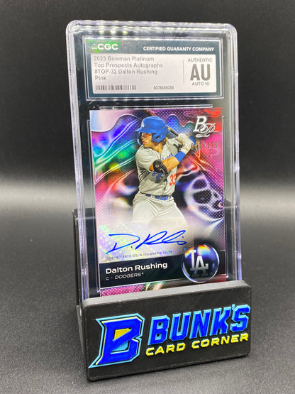 2023 Dalton Rushing Pink Auto 1/199 Bowman Plat CGC Authentic Auto 10