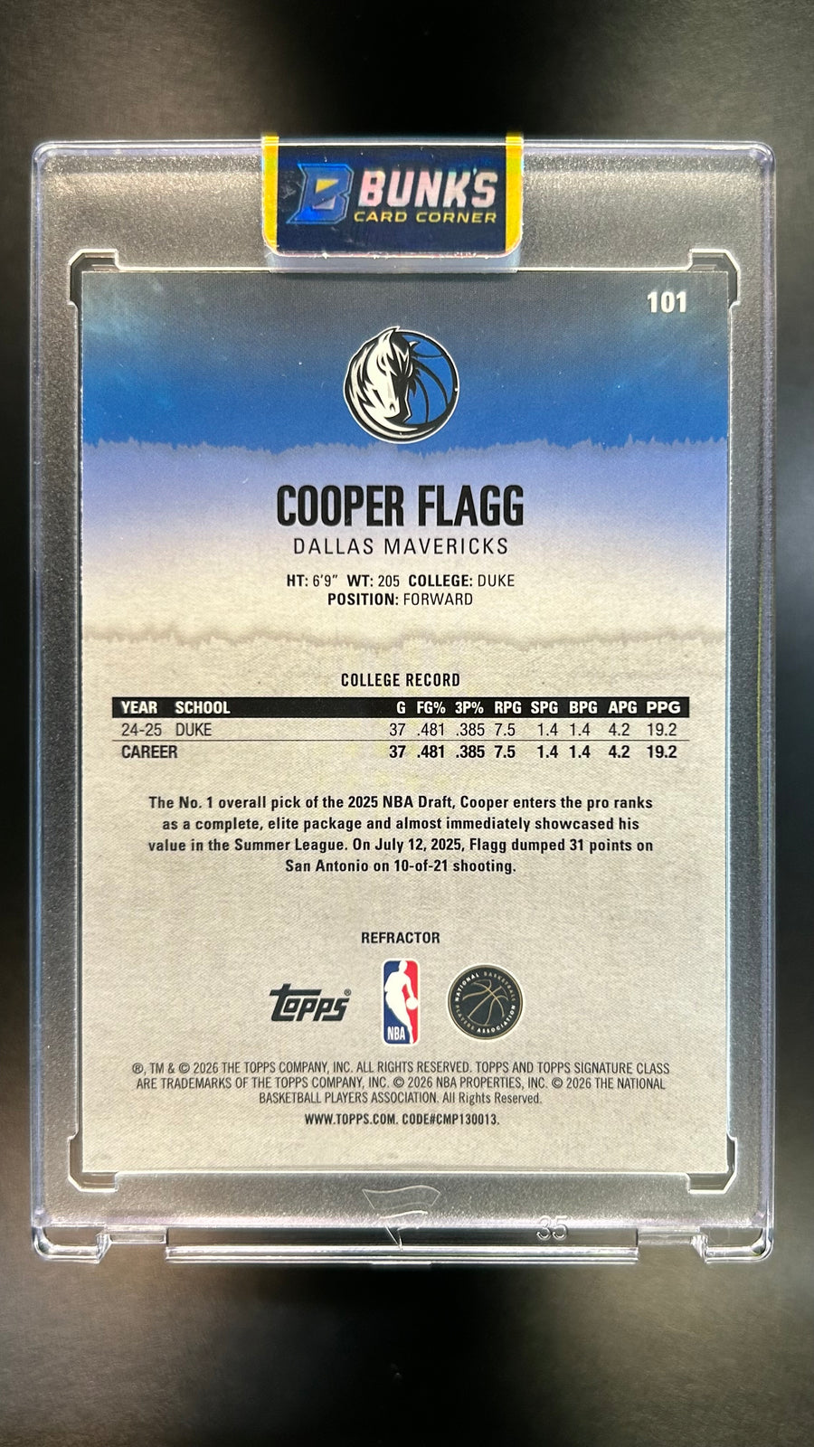 2026 Cooper Flagg Topps Signature Class Refractor Rc
