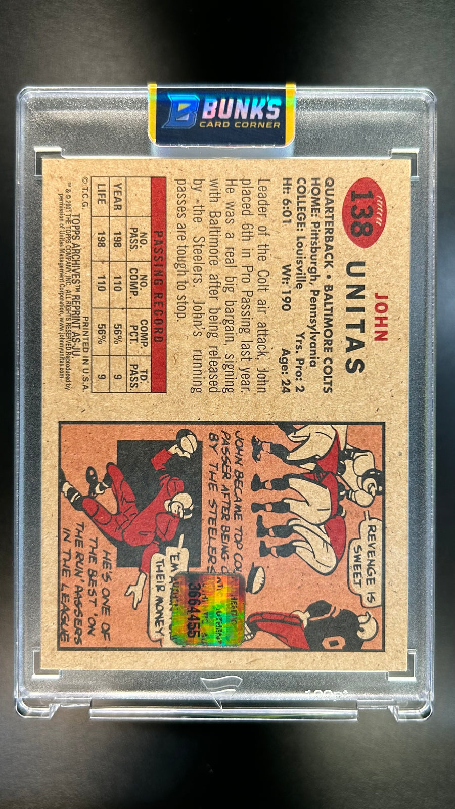 2001 John Unitas Topps Stadium Seat Relic