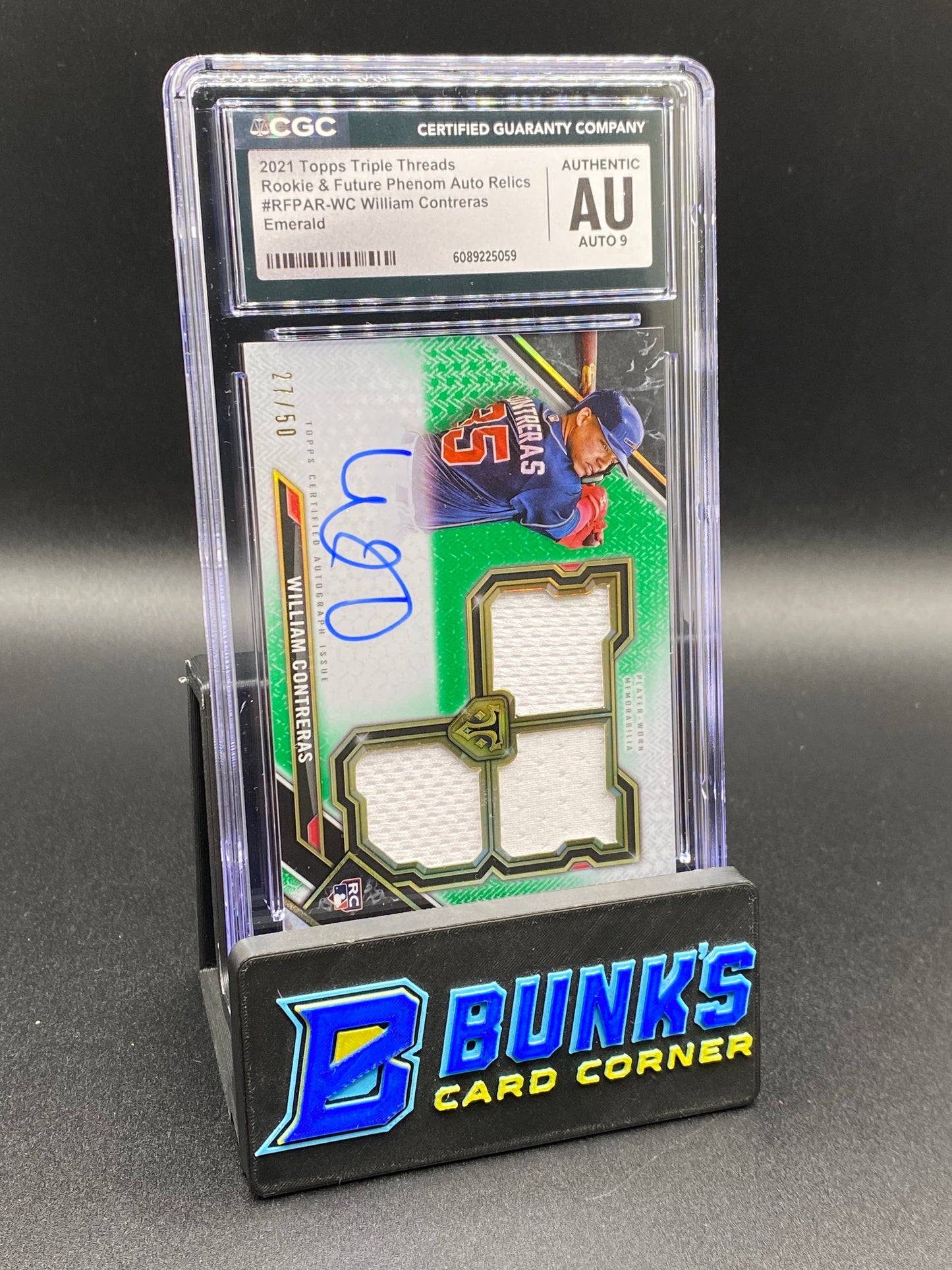 2021 William Contreras Patches Auto 27/50 Emerald CGC Authentic Auto 9