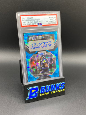 2022 Richard Sherman Sensational Sigs. Blue Cracked Ice Prizm 6/60 PSA 9/ Auto Auth