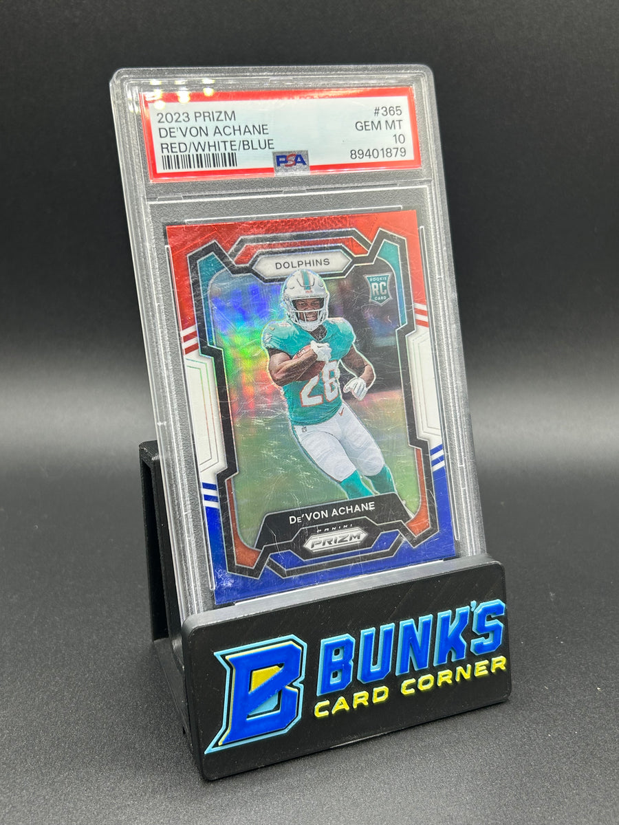 2023 De'von Achane Panini Prizm Red/White/Blue Rc PSA 10 Scratched Slab