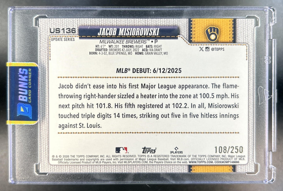 Jacob Misiorowski 2026 Topps Update #US136 Purple Holo Foil 108/250 RC Rookie Debut Brewers