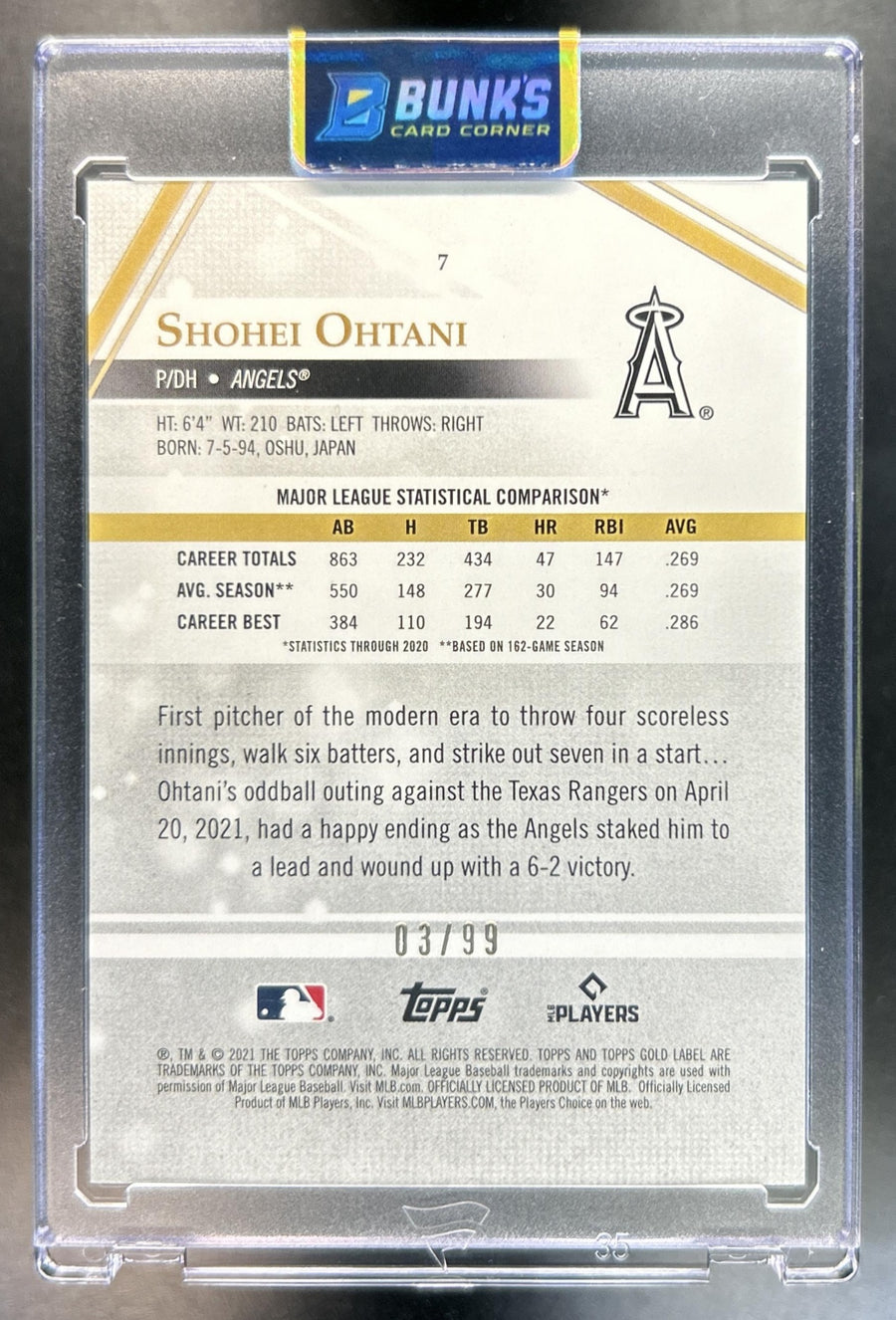 Shohei Ohtani 2021 Topps Gold Label #7 Class 2 Blue 3/99 Angels