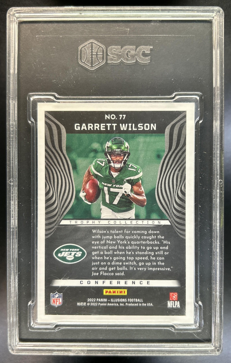 Garrett Wilson 2022 Panini Illusions #77 Trophy Collection Emerald RC 4/5 Jets SGC 9.5