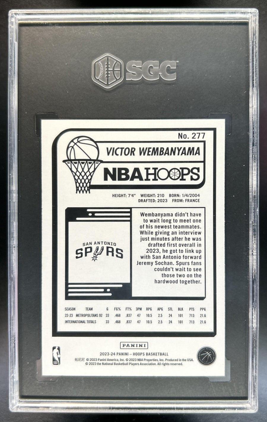 Victor Wembanyama 2023-24 Panini Hoops #277 Yellow RC Spurs SGC 10
