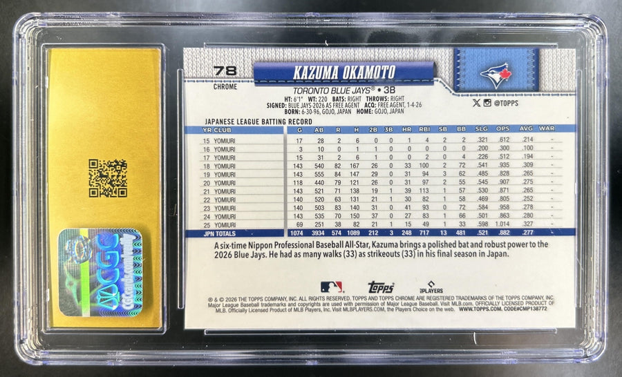 Kazuma Okamoto 2026 Topps Chrome #78 Lightboard Logo Refractor RC Blue Jays CGC 10