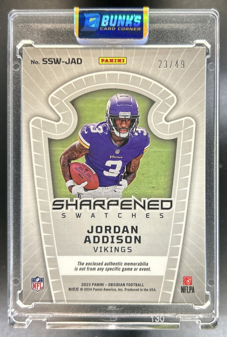 Jordan Addison 2023 Panini Obsidian #SSW-JAD Sharpened Swatches Electric Etch Orange 23/49 MEM RC Vikings
